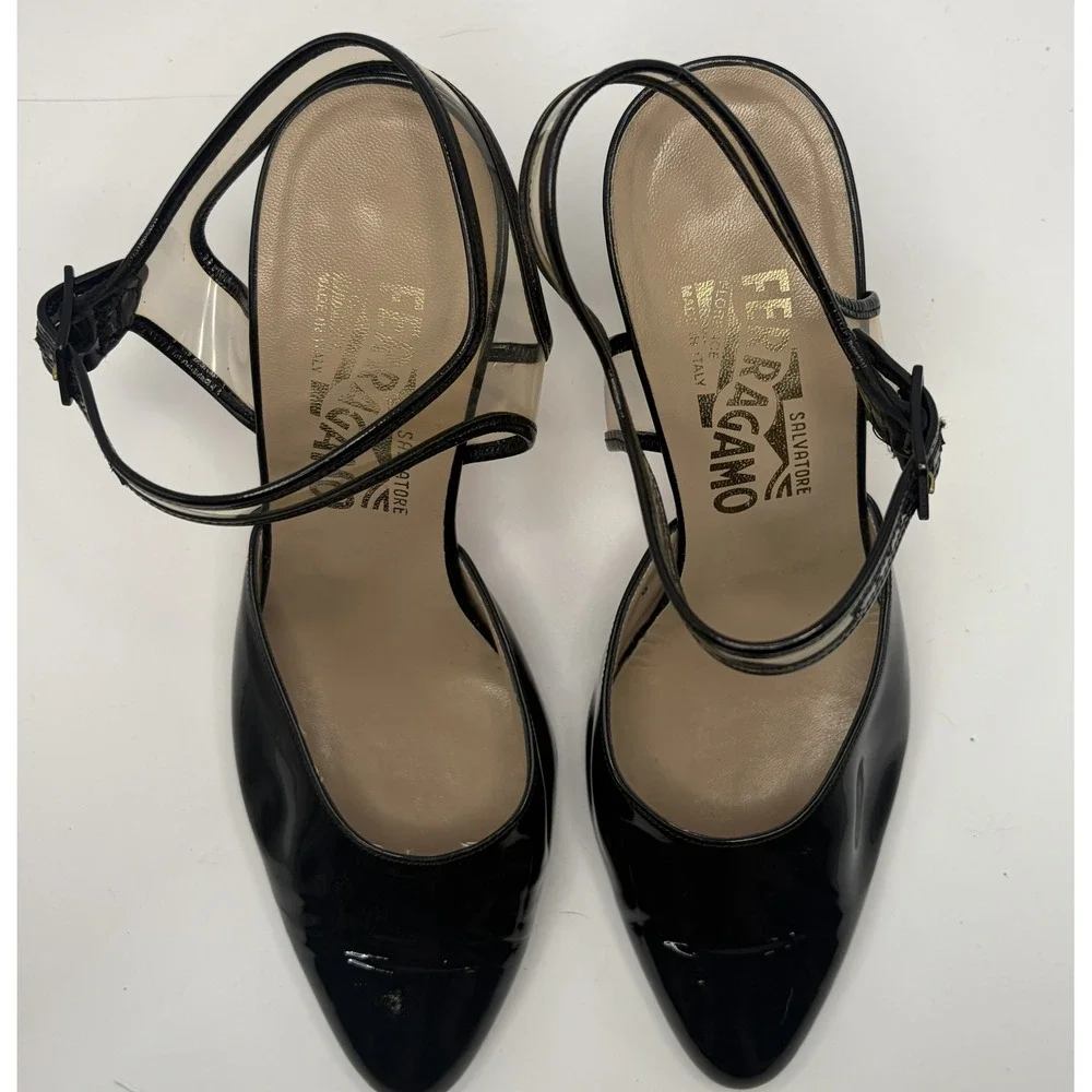 Salvatore Ferragamo Black Patent Leather PVC Ankle Strap Pumps Heels 7.5 B Italy